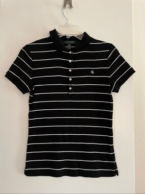 Ralph Lauren Pure Cotton Short Sleeve Polo Knit T Shirt Top Black/White